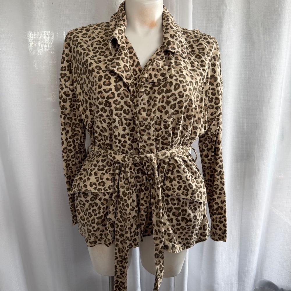 Caslon Leopard Print Linen Blend Belted Utility Jacket Size 1X Tan Brown
